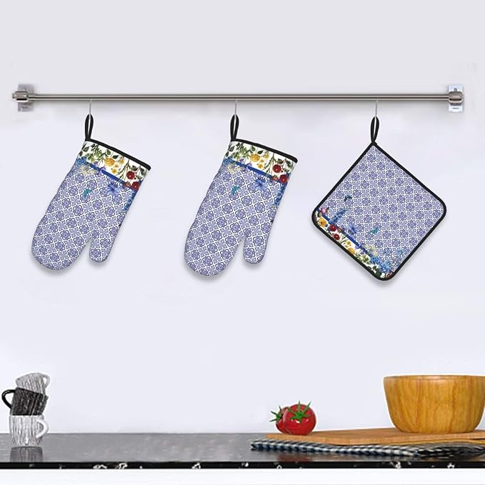 Blue Chinoiserie Oven Mitts Heat Resistant,Cute Floral Pot Holders and Kitchen Mitts, Heat Resistant Non-Slip Baking Golves Hot Pads for Cooking BBQ Grilling,Housewarming Gifts for Women Hostress