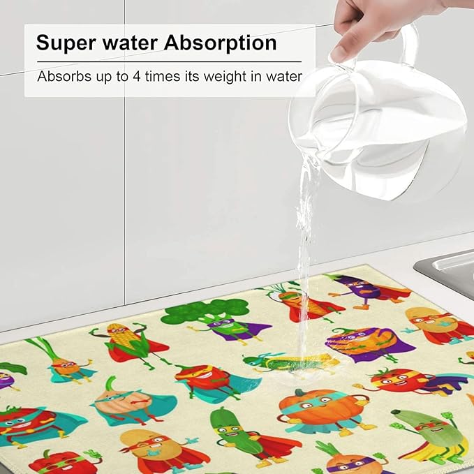 Colorful Cartoon Vegetable Dish Drying Mats, 18 x 24 inch Absorbent Microfiber Decorative Kitchen Counter Mats, Polyester, Washable, Absorption, Foldable, for Sink, Dishes Utensils, Small Appliances