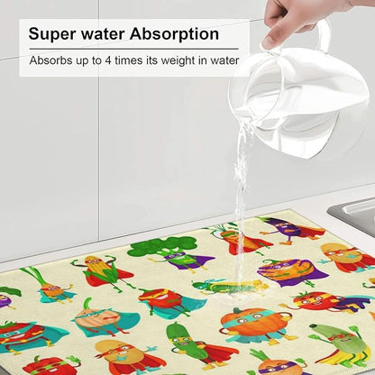 Colorful Cartoon Vegetable Dish Drying Mats, 18 x 24 inch Absorbent Microfiber Decorative Kitchen Counter Mats, Polyester, Washable, Absorption, Foldable, for Sink, Dishes Utensils, Small Appliances