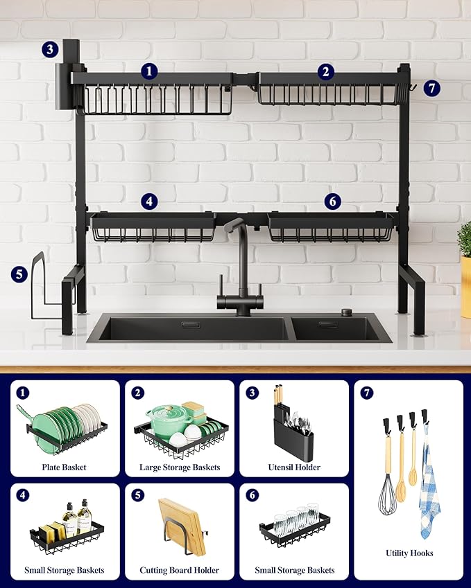 Kitsure Over The Sink Dish Drying Rack - 30.0" to 33.9" x 21.5", Adjustable Sink Drying Rack for Kitchen Sink with Multifunctional Baskets, Black - Image 5