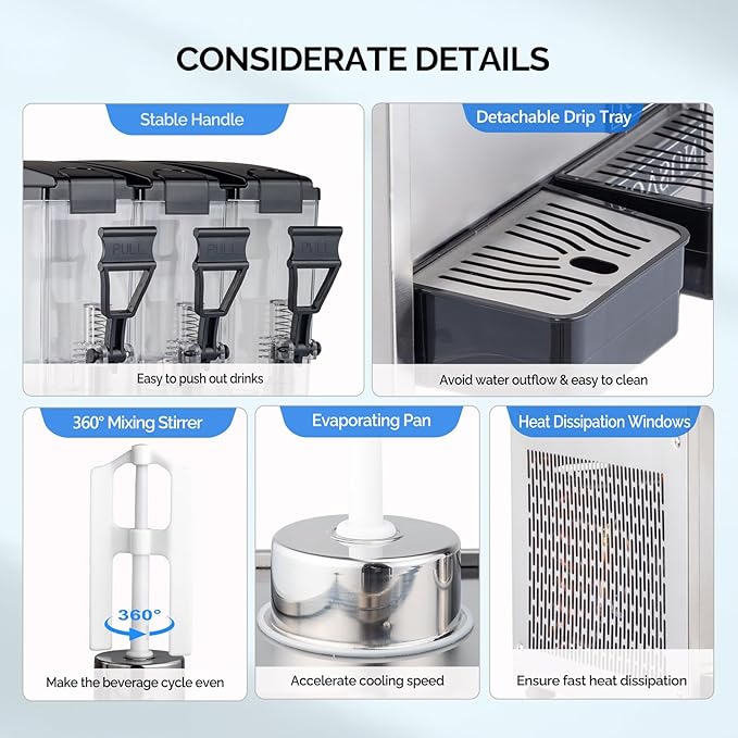 ROVSUN Commercial Beverage Dispenser 7.8 Gal/30L, Commercial Juice Dispenser Cold Drink Dispenser 10L X 3 Tanks Stainless Steel with Thermostat Controller for Home Restaurant Bar Party 110V/60HZ - Image 6