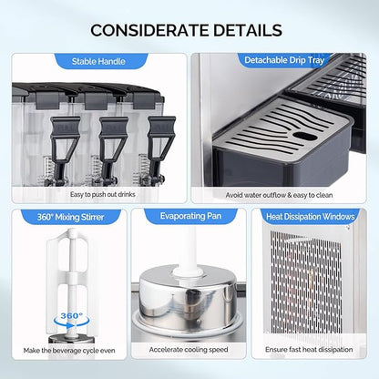 ROVSUN Commercial Beverage Dispenser 7.8 Gal/30L, Commercial Juice Dispenser Cold Drink Dispenser 10L X 3 Tanks Stainless Steel with Thermostat Controller for Home Restaurant Bar Party 110V/60HZ - Image 6