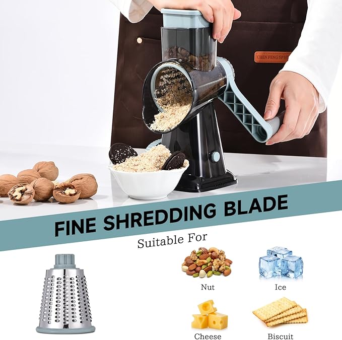 Rotary Cheese Grater with Handle Kitchen Shredder Slicer Grater Slicer Ice Shaver Cheese Vegetable Nuts Potato Zucchini Chocolate 3 Interchangeable Blades (GreyBlue - Image 5