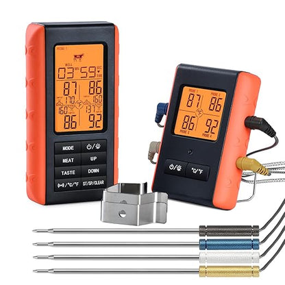Wireless Meat Thermometer for Grilling and Smoking, Food Thermometer for BBQ Smoker Oven Cooking Steak, Grill Thermometer for Outside Grill with 4 Meat Probes, Kitchen Timer by VAUNO