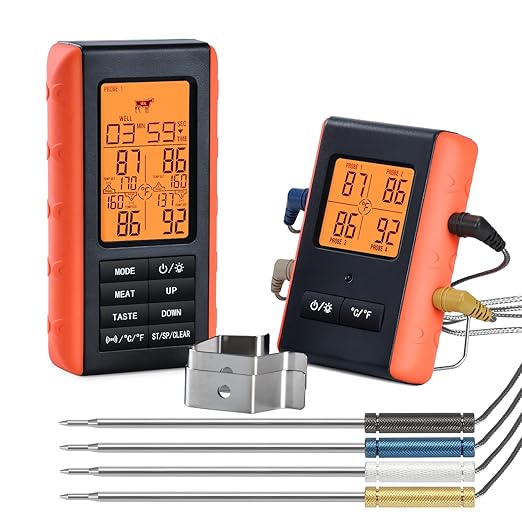 Wireless Meat Thermometer for Grilling and Smoking, Food Thermometer for BBQ Smoker Oven Cooking Steak, Grill Thermometer for Outside Grill with 4 Meat Probes, Kitchen Timer by VAUNO