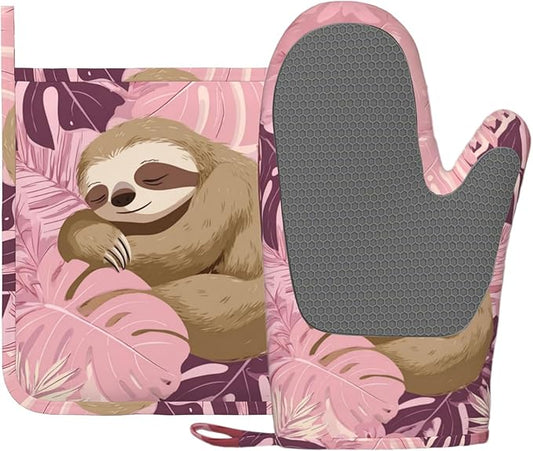 Pink Sloth Heat-Resistant Oven Mitts and Pot Holder Cute Animal Kitchen Non-Slip Silicone Cooking Microwave Gloves for Cooking Baking Grilling