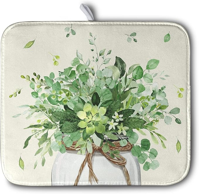 Spring Sage Green Leaves Dish Drying Mat for Kitchen Counter Eucalyptus Leaf Floral Mason Jar Dishes Drainer Mats Absorbent Microfiber Dish Draining Mat Reversible Dish Pad 16x18 Inch by Kwlegh