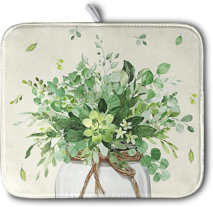 Spring Sage Green Leaves Dish Drying Mat for Kitchen Counter Eucalyptus Leaf Floral Mason Jar Dishes Drainer Mats Absorbent Microfiber Dish Draining Mat Reversible Dish Pad 16x18 Inch by Kwlegh