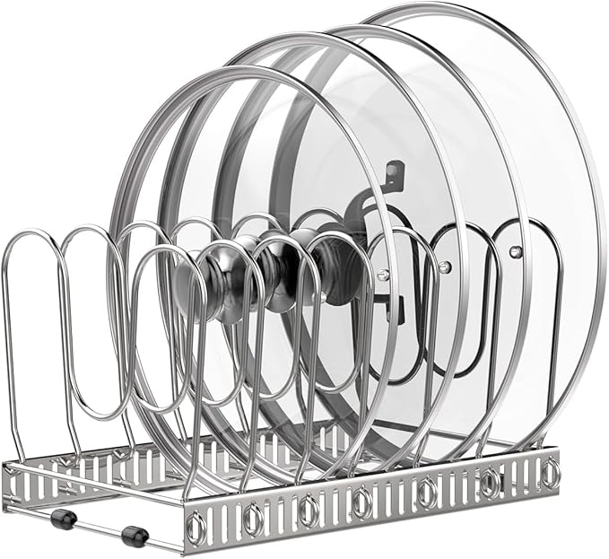 Housolution Pot and Pan Organizer Rack for Cabinet, Pot Lid Organizer with 7 Adjustable Dividers, Pan Holder Storage Rack for Kitchen Cabinet, Silver by Housolution