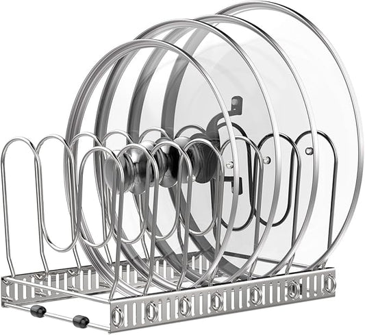 Housolution Pot and Pan Organizer Rack for Cabinet, Pot Lid Organizer with 7 Adjustable Dividers, Pan Holder Storage Rack for Kitchen Cabinet, Silver by Housolution