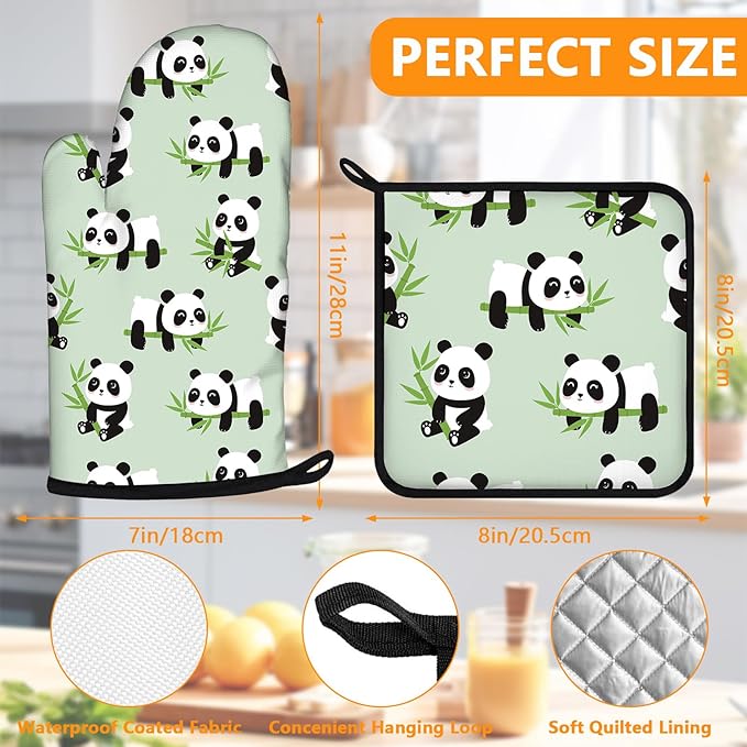 Cute Panda Oven Mitts and Pot Holders Sets 4Pcs,Extra Long Oven Gloves Potholder for Kitchen Cooking Baking BBQ 100% Cotton Heat Resistant - Image 2