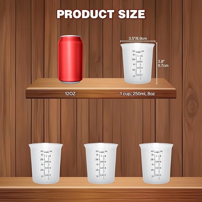1Cup/250ml Silicone Measuring Cups 4-Pack Set, Reusable 8oz Silicone Cups Set for Prepping Cooking Baking, Melting Butter Chocolate Dishwasher Microwave Safe Baking Supplies