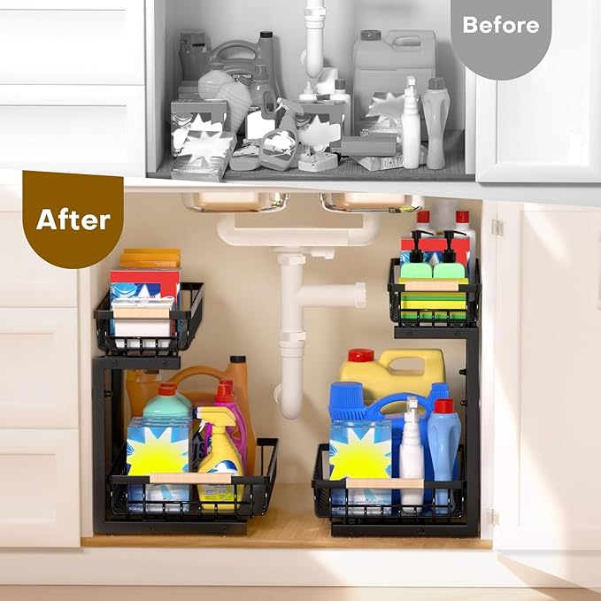 Under Sink Organizer, Heavy-Duty & Rust-Resistant Carbon Steel Metal, 2 Tier Pull Out Under Bathroom Sink Storage, Adjustable Height (13.8" -16.9"), Organizer for Kitchen Cabinet(2PCS,Black) - Image 6