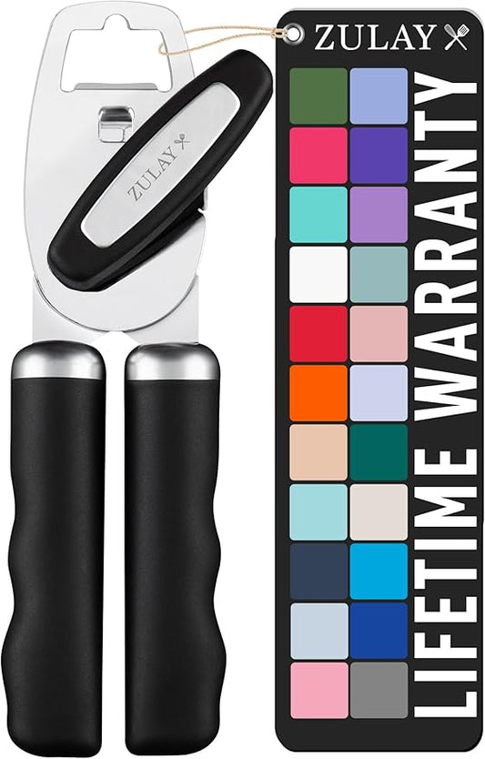 Zulay Kitchen Heavy Duty Stainless Steel Can Opener Manual with Bottle Opener - Rust Proof Manual Can Opener With Turn Knob & Comfy Soft Grip Handles - Black by ZulayKitchen