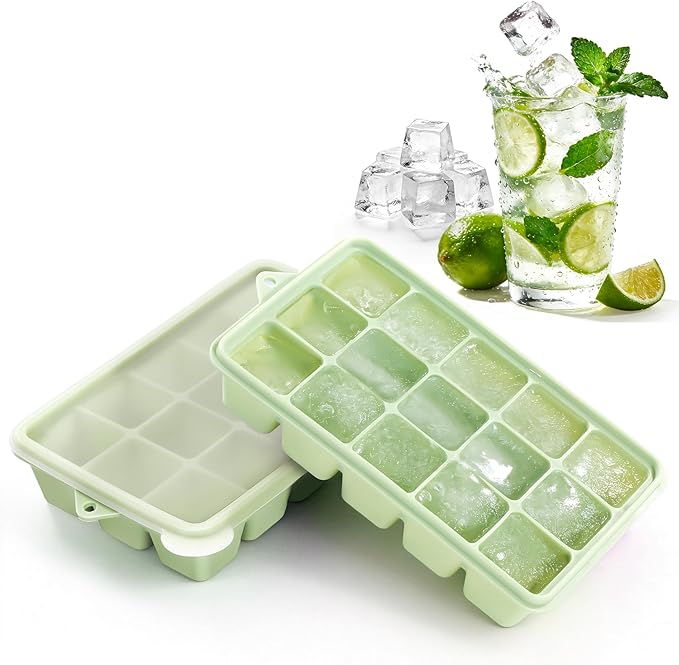 Silicone Ice Cube Tray, 2 Pack Ice Trays for Freezer with Lid, Easy Release and Stackable Silicone Ice Molds, Covered Ice Cube Trays for Cocktails, Whiskey, Coffee (Green) by Duesu