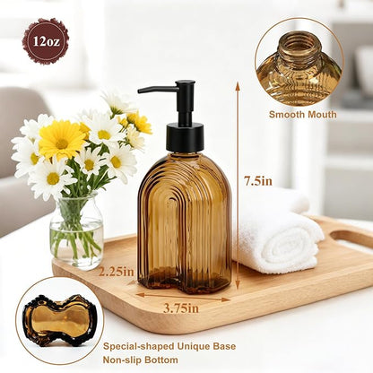 Black Pump Glass Soap Dispenser, 12oz Brown Stripe Countertop Refillable Liquid Bottle Hand Dish Lotion Dispenser with Plastic Pump, for Kitchen, Bathroom Countertop