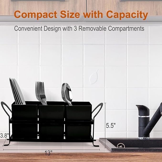 Czlizdyt Cutlery Holder with Drain Holes, Silverware Caddy for Party Countertop, 3pcs Bins Set Utensil Holders for Spoon and Fork, Black - Image 2