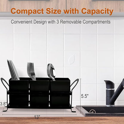 Czlizdyt Cutlery Holder with Drain Holes, Silverware Caddy for Party Countertop, 3pcs Bins Set Utensil Holders for Spoon and Fork, Black - Image 2