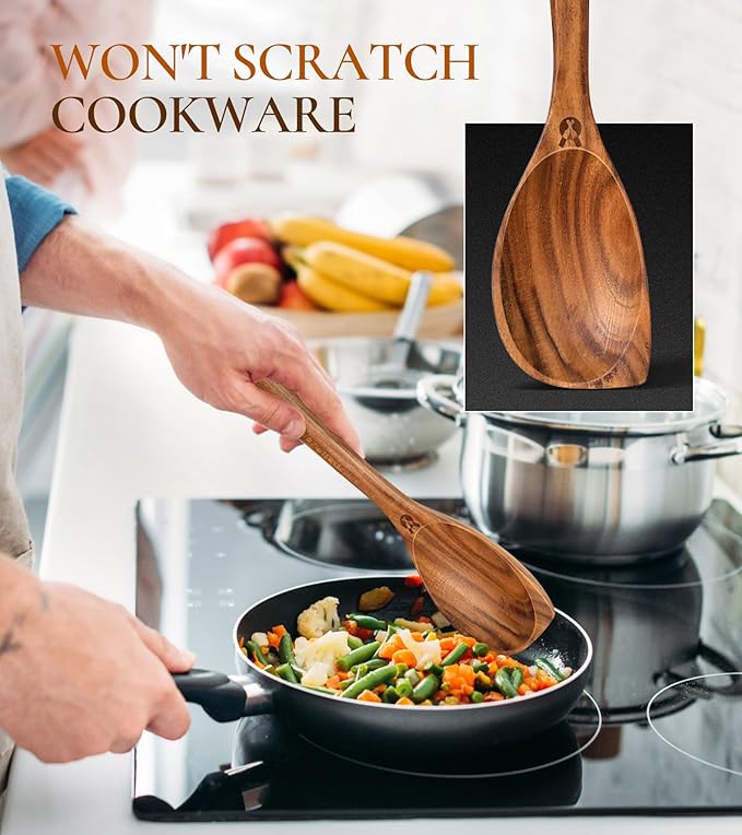Wooden Spoons for Cooking, Natural Premium Teak Wood Corner Spoon, Good Grip Large Wooden Spoons & Wooden Spatula, Heat Resistant Wooden Cooking Utensils for Nonstick Cookware Cooking Gift - Left Hand - Image 3