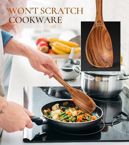 Wooden Spoons for Cooking, Natural Premium Teak Wood Corner Spoon, Good Grip Large Wooden Spoons & Wooden Spatula, Heat Resistant Wooden Cooking Utensils for Nonstick Cookware Cooking Gift - Left Hand - Image 3