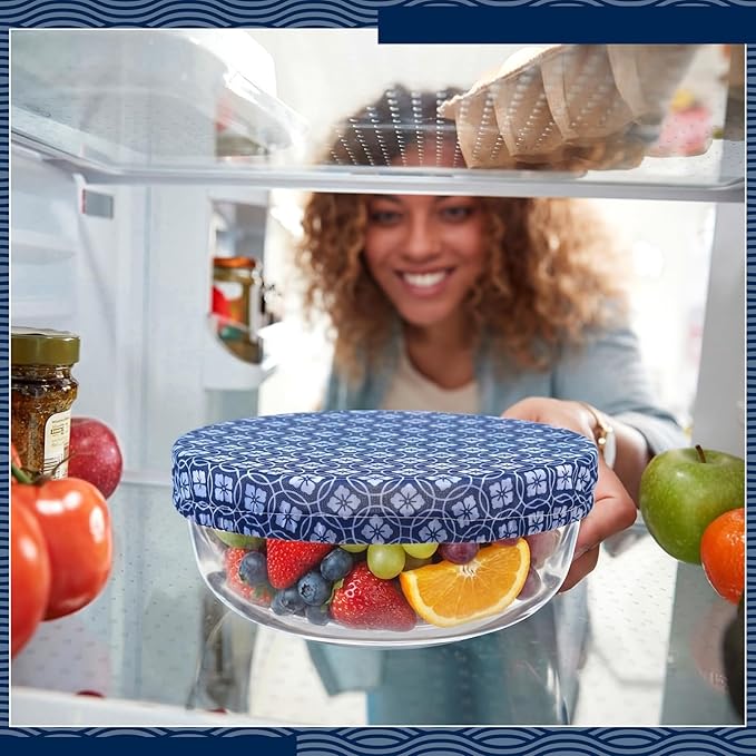 Patelai 10 Pcs Bowl Covers Reusable in 5 Size Stretch Cloth Fabric Elastic Food Storage Bowl Covers Bread Sourdough Lids for Proofing Food Fruits Leftover(Blue White,Geometric Style) - Image 3