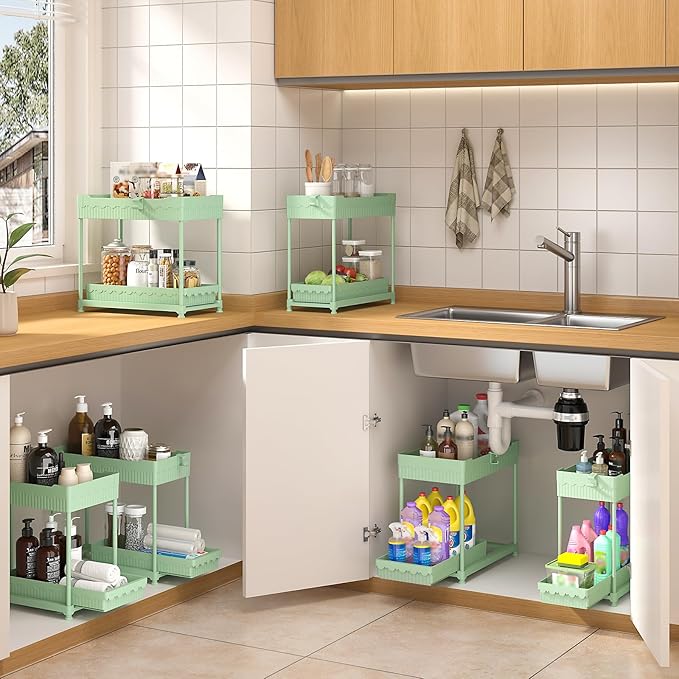Sevenblue 3 Pack Under Sink Organizers, 2-Tier Multi-Use Kitchen and Bathroom Organizers and Storage with Sliding Drawers, Bathroom Cabinet Organizer (Green, 14.8 Inch) - Image 3