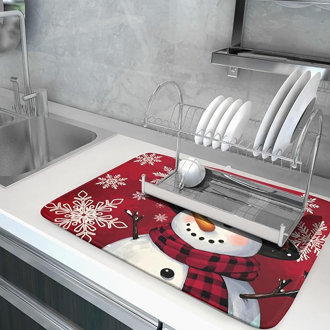 Christmas Snowman Dish Drying Mat for Kitchen Counter 18x24 Xmas Snowflake Winter Holiday Dark Red Absorbent Reversible Microfiber Drying Mats Kitchen Countertop Protector Dishes Drainer Rack Pad - Image 5
