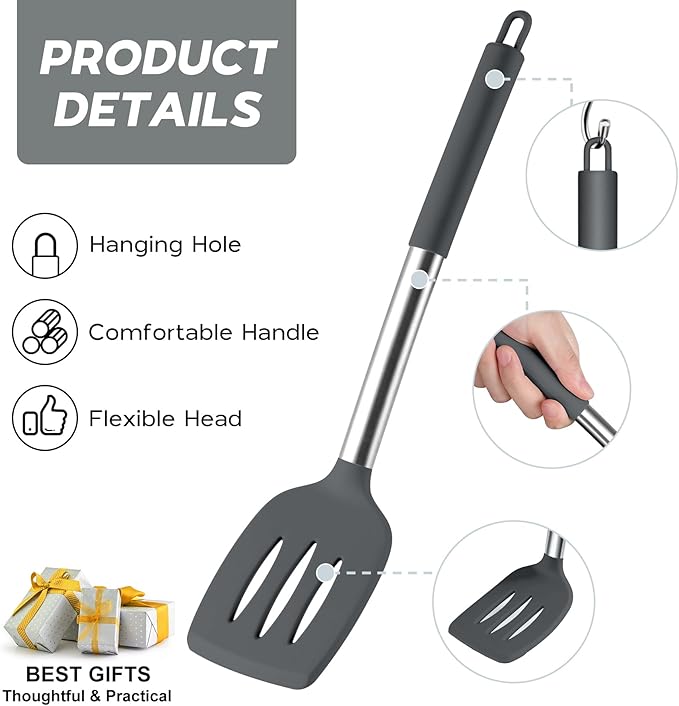 Onader Kitchen Cooking Utensils Set of 15, Silicone and Stainless Steel Utensils Spatula Set with Holder, Heat Resistant & Dishwasher Safe - Grey - Image 4