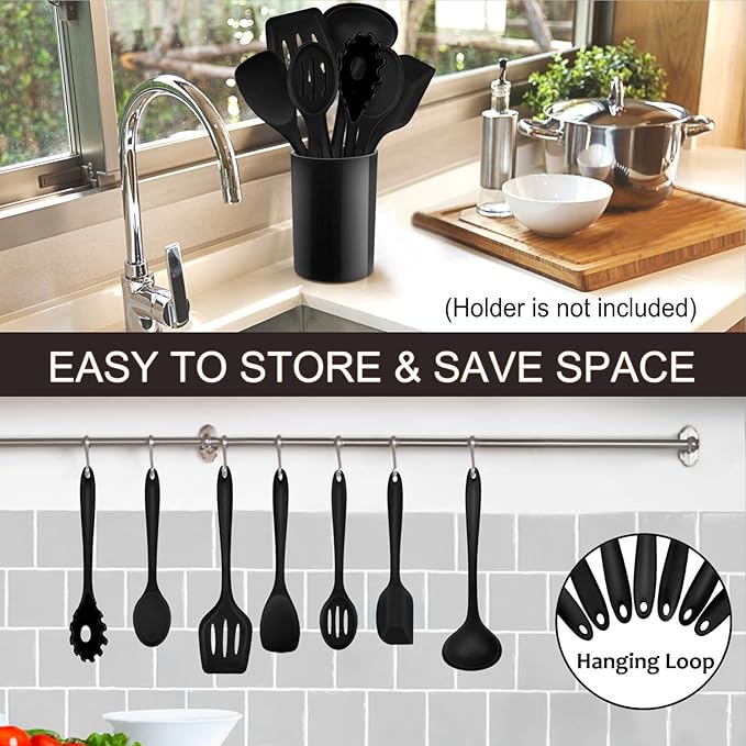 P&P CHEF Silicone Cooking Utensils Set of 7, Heat-proof Kitchen Utensils Set for Nonstick Cookware, Non-stick Spatula, Slotted Turner, Soup Ladle, Pasta Server, Spoon for Cooking Serving - Black - Image 6