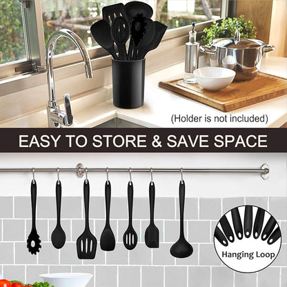 P&P CHEF Silicone Cooking Utensils Set of 7, Heat-proof Kitchen Utensils Set for Nonstick Cookware, Non-stick Spatula, Slotted Turner, Soup Ladle, Pasta Server, Spoon for Cooking Serving - Black - Image 6