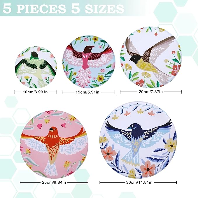 5-Size Reusable Beeswax Bowl Covers for Bread Proofing, Cotton Cloth Flexible Beeswax Wraps for Food Storage(Floral Bird) - Image 2