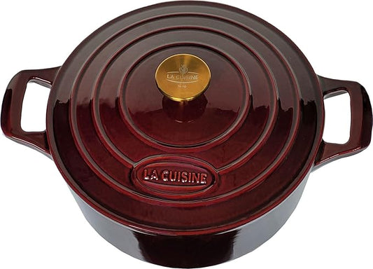 La Cuisine Enameled Cast Iron Dutch Oven Casserole Pot with Lid 6.5 QT 11" /28cm Dia. Internal Matt Black Enamel Coating Gold-Plated SS Lid Handle Oven Safe up to 500° F for bread baking, Cranberry