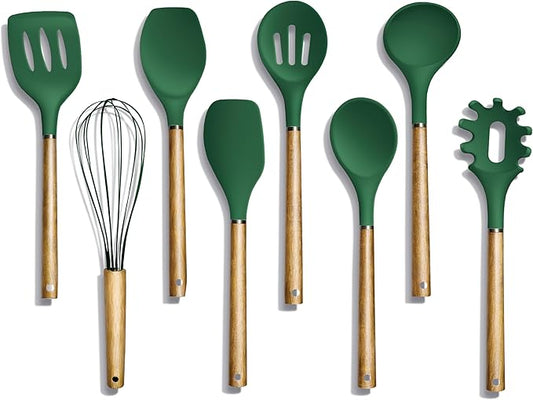 Country Kitchen Non Stick Silicone Utensil Set with Rounded Wood Handles for Cooking and Baking, 8 Piece Set, Green