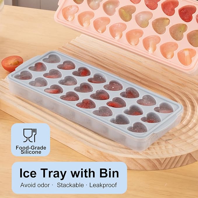 2 Pack Heart Shpaed Ice Cube Trays with Lids and Bins Ice Molds with Ice Storage Box, 48 Holes Silicone Heart Ice Cube Tray for Whiskey Cocktail Fun Shapes Cubes, with Lids & Bins - Image 5