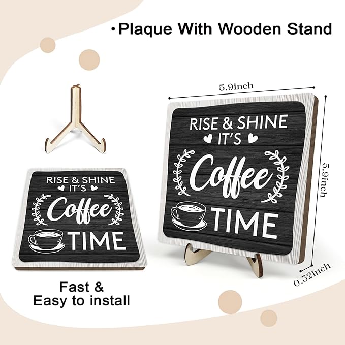 Coffee Bar Sign Plaque Decor,Coffee Bar Accessories,Rustic Wooden Tabletop Plaque with Stand, Minimalist Farmhouse Kitchen Counter Sign,Cute Mini Café Bar Decor Gift - Image 2
