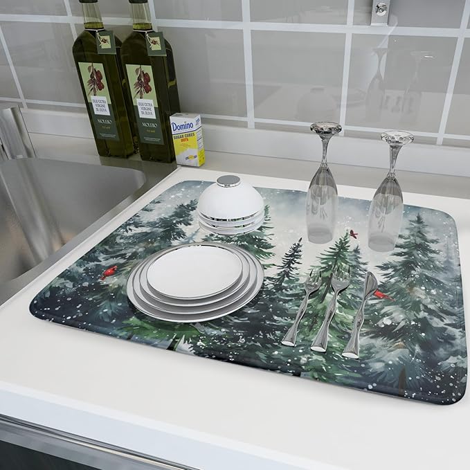 Winter Dish Drying Mat for Kitchen Counter Winter Pine Tree Dish Drying Mat 18x24 Inch Red Bird Christmas Dish Draining Mat Absorbent Reversible Dish Pad Kitchen Accessories Table Protector