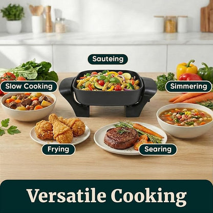Elite Gourmet EG808 Electric Skillet 8"x8" Non-Stick Coating, Tempered Glass Lid, Removable Thermostat 200°F–400°F, Dishwasher Safe, 600W Compact 2.5-Qt Capacity for Eggs, Bacon & One-Pot Meals, Black - Image 3