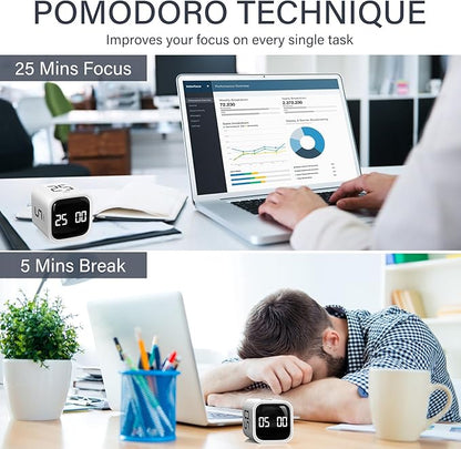 Rotating Pomodoro Timer 5, 25, 10 50 Minutes Preset, Desk Productivity Flip Timer, Cube Countdown Stopwatch for ADHD, Vibration/High/Low Volume, for Work, Study, Back to School, Kitchen, 2 White - Image 3