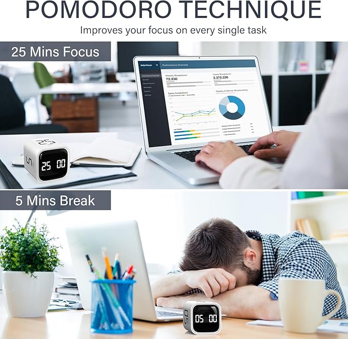 Rotating Pomodoro Timer 5, 25, 10 50 Minutes Preset, Desk Productivity Flip Timer, ADHD Tool Cube Countdown Stopwatch, Vibration/High/Low Volume/Custom Modes, for Work, Study, Back to School, White - Image 3