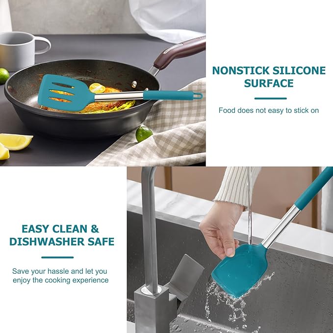 TeamFar Cooking Utensils Set, 4PCS Heatproof Silicone Utensil Kitchen Tools with Stainless Steel Handle, for Non-stick Cookware Flipping Frying Draining, Nontoxic & Non scratch, Easy Clean - Navy Blue - Image 6