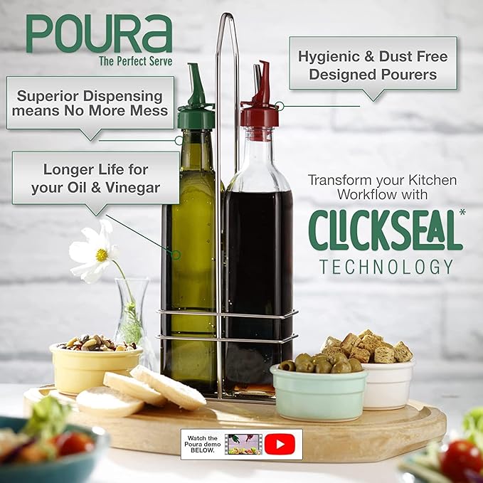 Poura Vinegar and Olive Oil Bottle Drizzler Set with ClickSeal BPA Free Pour Spouts | Glass Oil & Vinegar Dispenser Bottles for Cooking & Dining | Hygienic Covers + Silicone Decanter Funnel 500ml