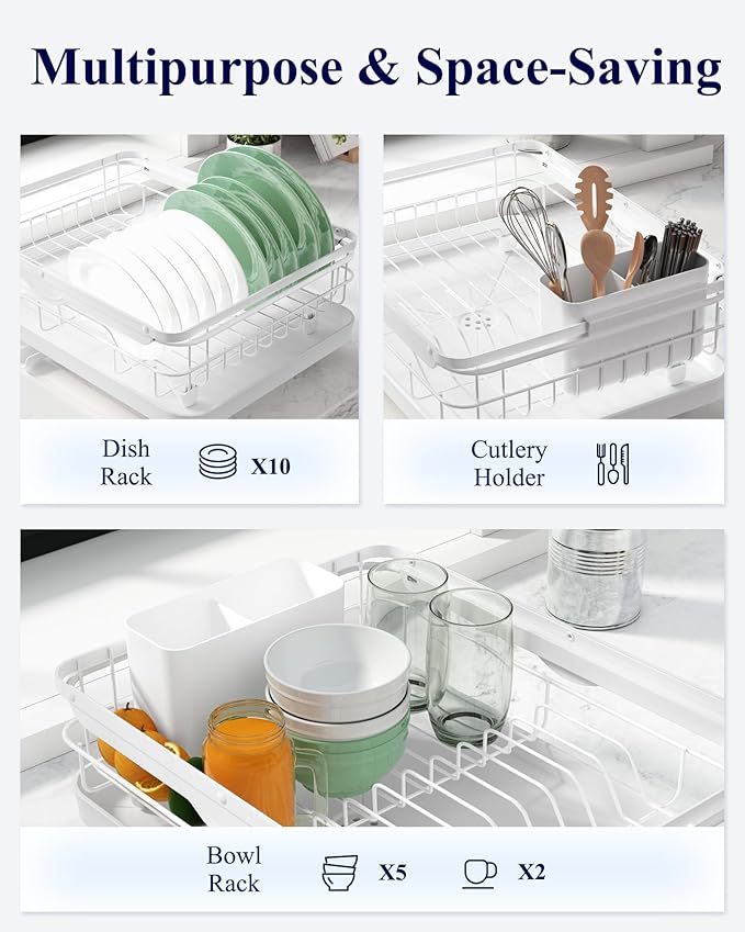 Kitsure Dish Drying Rack for Kitchen Counter, Stainless Steel Sink Organization and Storage Essentials with Cutlery Holder, Home and Appartment Decor, 12.2''W x 15.7''~23''L, White - Image 3