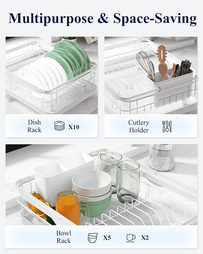 Kitsure Dish Drying Rack for Kitchen Counter, Stainless Steel Sink Organization and Storage Essentials with Cutlery Holder, Home and Appartment Decor, 12.2''W x 15.7''~23''L, White - Image 3