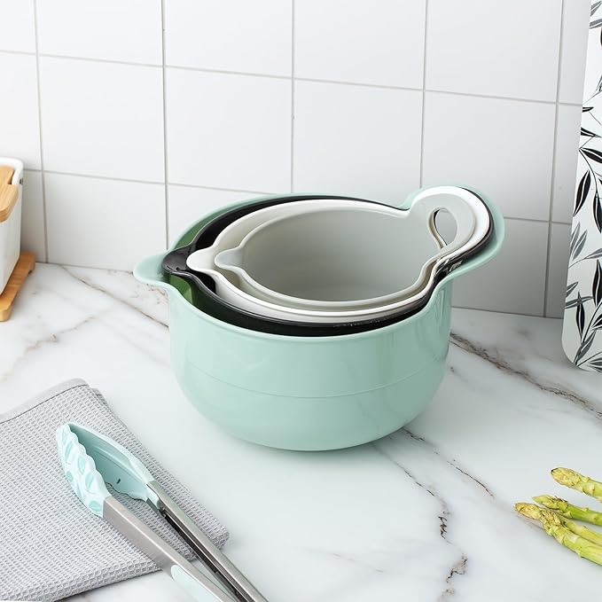 COOK WITH COLOR Nesting Plastic Mixing Bowl Set with Pour Spouts and Handles, Mint, 4 Piece Non-Slip - Image 2
