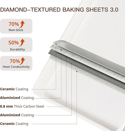 HONGBAKE 3 Pack Nonstick Ceramic Baking Sheet Pan Set for Oven, Non-Toxic Half/Quarter/Jelly Roll Pans with Diamond Texture, 0.8mm Aluminized Steel Cookie Trays for Cooking, Cream - Image 3