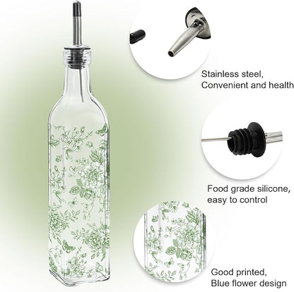 JarThenaAMCS Chinoiserie Olive Oil Dispenser Bottle Green Floral Glass Cruet Bottle with Spout Cooking Vinegar Container for Home Kitchen Table Countertop Decor