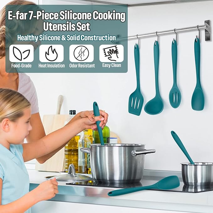 Silicone Cooking Utensils Set, E-far 7-Piece Blue Heat Resistant Kitchen Utensils Set, Kitchen Nonstick Tools Spatula Ladle Spoon Pasta Server for Non-stick Cookware, Non-Toxic & Dishwasher safe - Image 7
