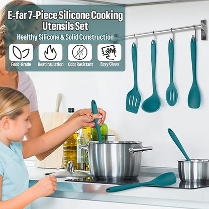 Silicone Cooking Utensils Set, E-far 7-Piece Blue Heat Resistant Kitchen Utensils Set, Kitchen Nonstick Tools Spatula Ladle Spoon Pasta Server for Non-stick Cookware, Non-Toxic & Dishwasher safe - Image 7