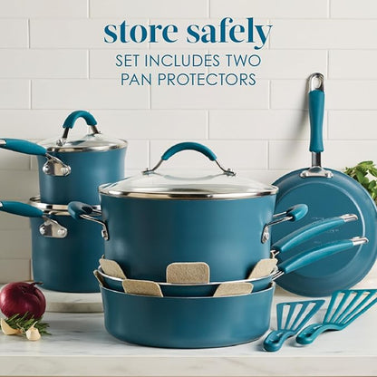 Rachael Ray Cucina Ceramic Cookware Set - 13 Pieces - Ceramic Pots and Pans Set w/Nonstick Frying Pans, Saute Pan, Saucepans, Stockpot, Lids, Pan Protectors & Cooking Utensils - Marine Blue - Image 6