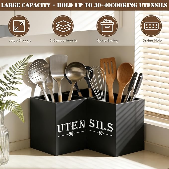 Large kitchen Utensil Holder, Wooden Utensil Organizer for Kitchen Countertop, Spatula and Spoon Cooking Holder with 3 Compartments, Black - Image 3